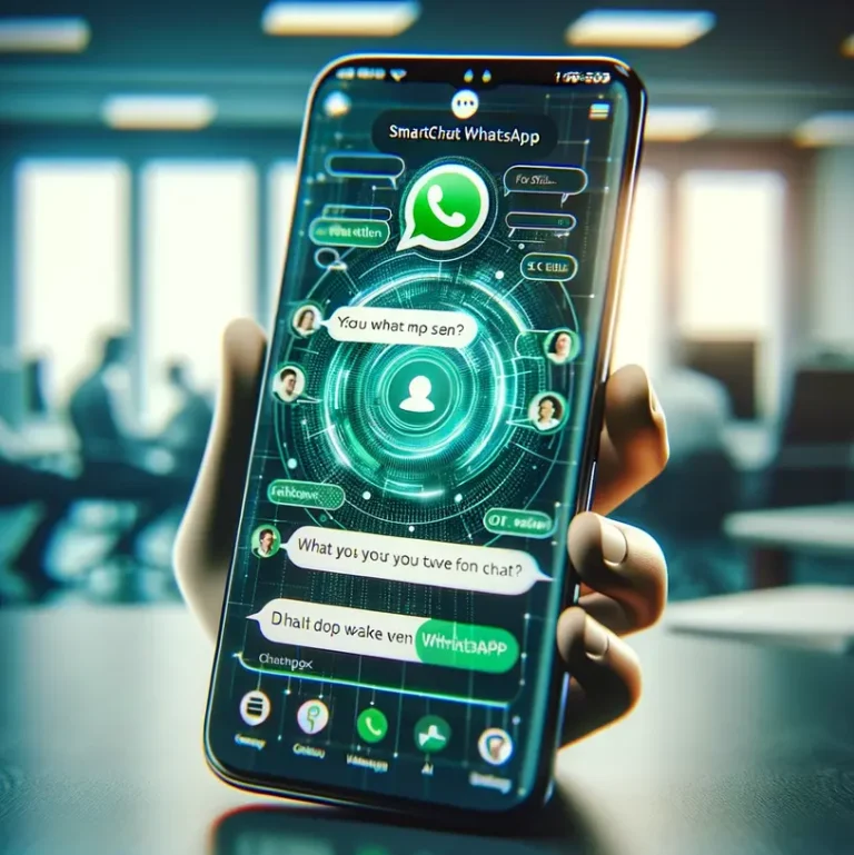 Una visualización futurista de un smartphone mostrando una interfaz avanzada con el logo de WhatsApp, ilustrando la integración de alta tecnología de SmartChat.