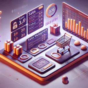 Dashboard profesional de e-commerce mostrando análisis de ventas y gestión de productos con interfaces modernas en púrpura y naranja