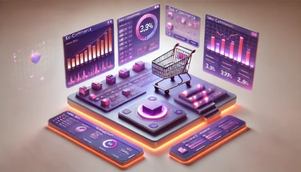 Dashboard profesional de e-commerce mostrando análisis de ventas y gestión de productos con interfaces modernas en púrpura y naranja