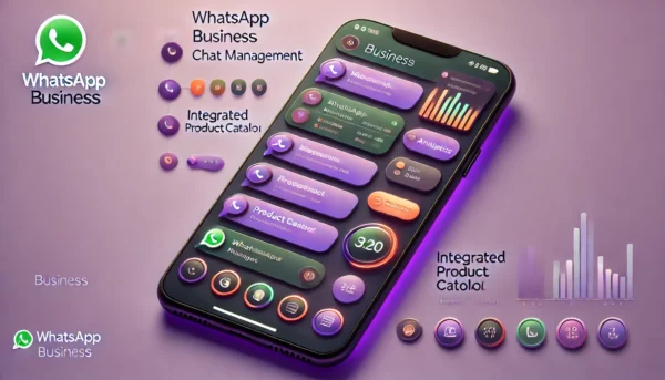 Dashboard profesional de WhatsApp Business mostrando gestión de chats, catálogo de productos y análisis en diseño púrpura y naranja