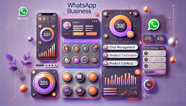 Dashboard profesional de WhatsApp Business mostrando gestión de chats, catálogo de productos y análisis en diseño púrpura y naranja