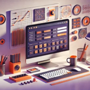 Espacio de trabajo moderno con pantalla mostrando interfaz de diseño web, decorado con elementos geométricos en púrpura y naranja